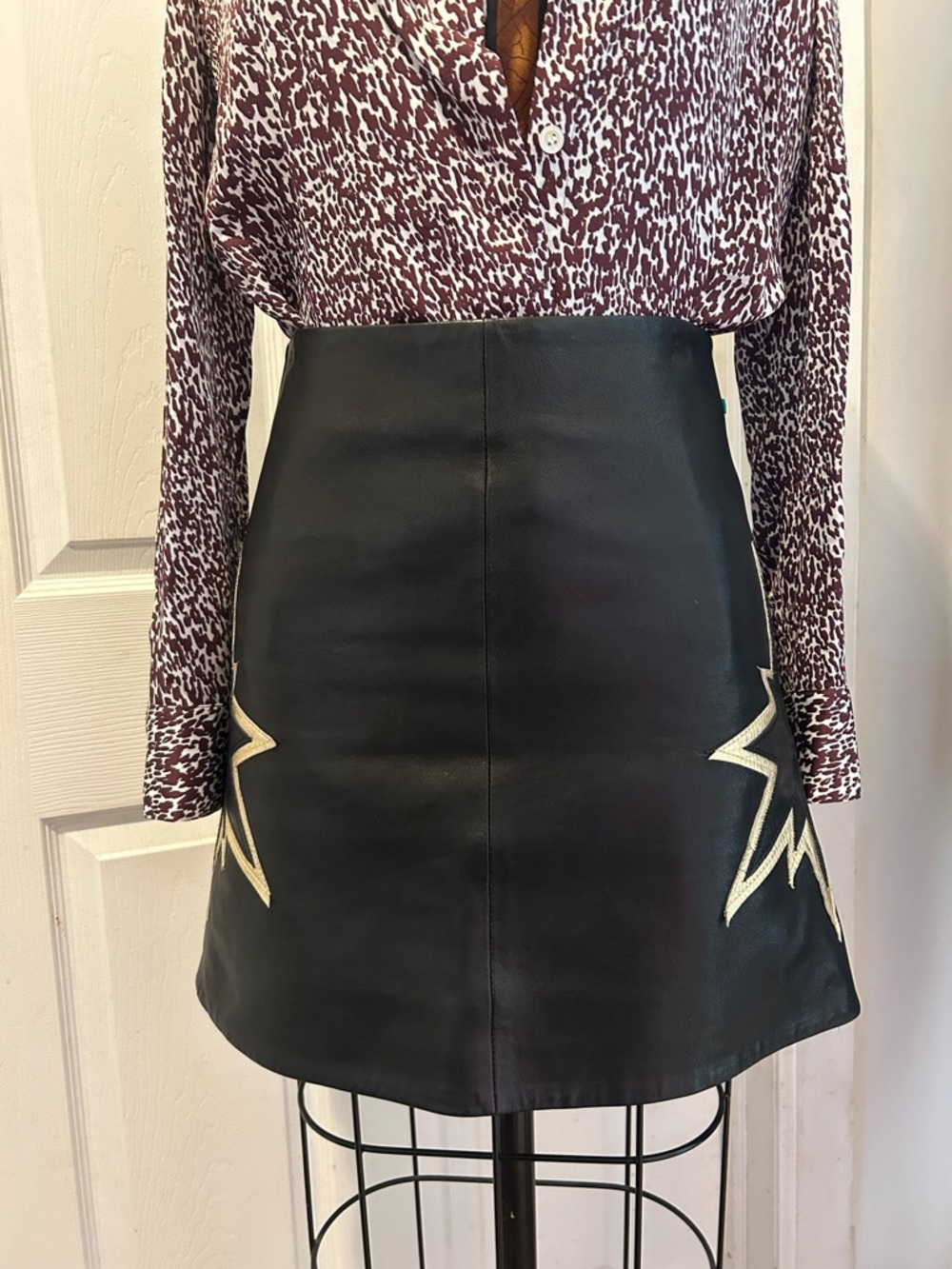 & OTHER STORIES Black genuine Leather A-Line Skirt with Gold Star pattern